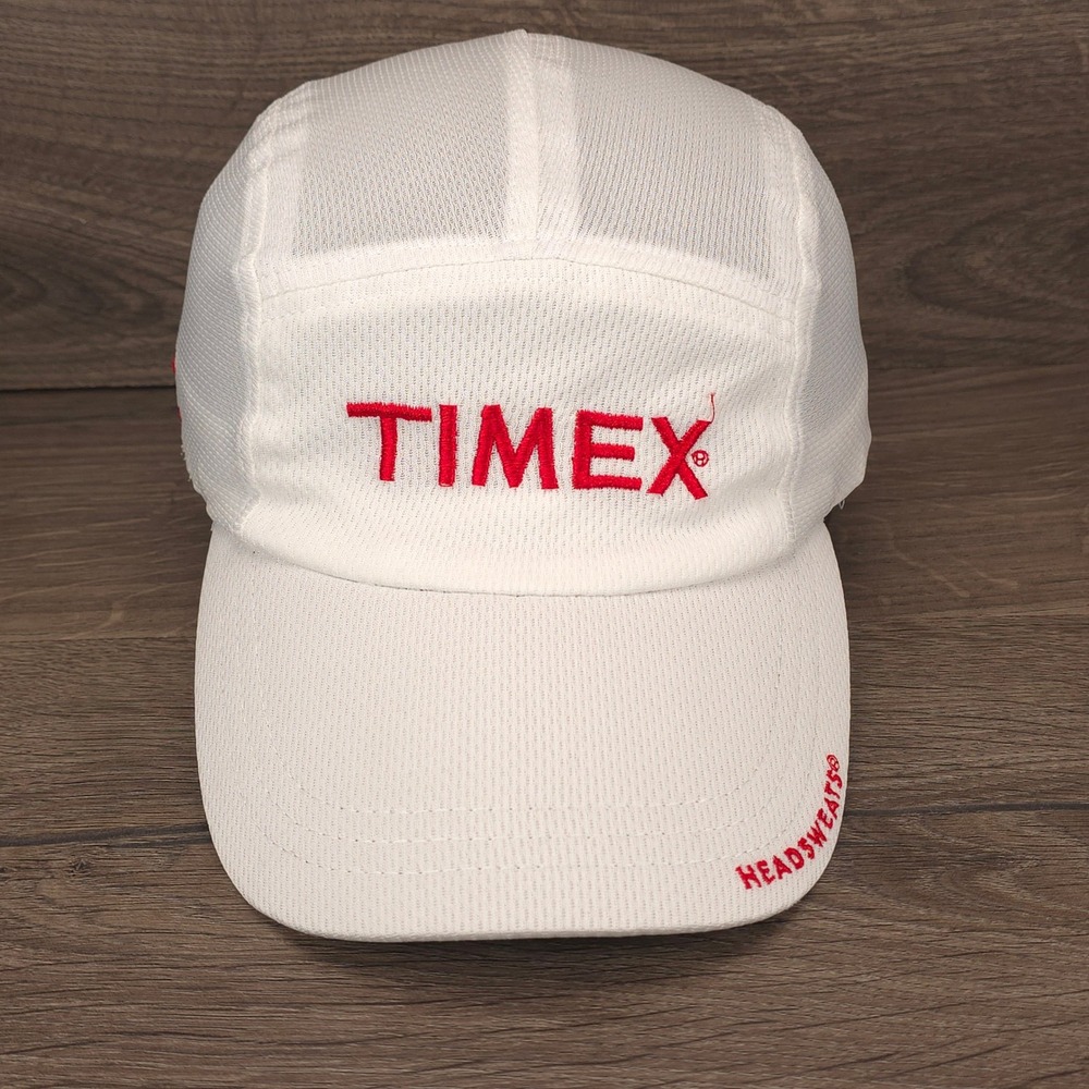 Headsweats Timex Hat Mens White Red Mesh Running Performance 5 Panel Cap